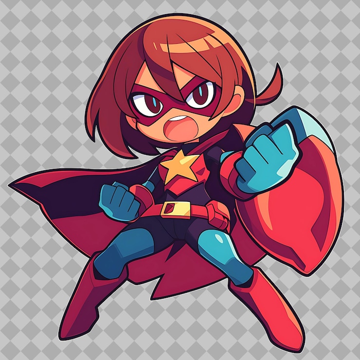 PSD um desenho animado de uma super-herói feminina com uma capa vermelha