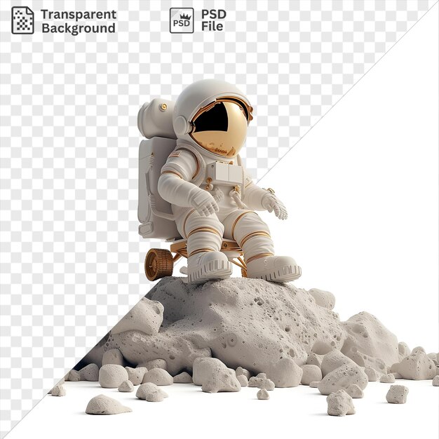Um desenho animado premium de astronauta 3D explorando a superfície de uma lua distante acompanhado por um brinquedo branco e uma roda marrom com um braço branco visível em primeiro plano