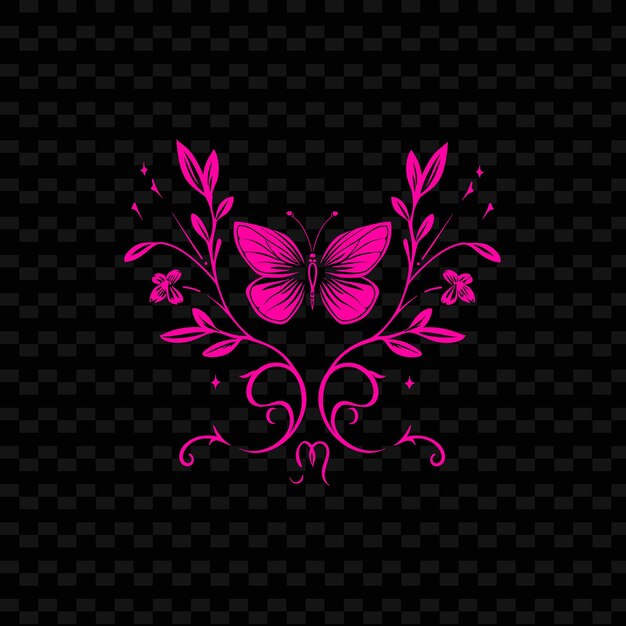 Um desenho colorido de uma borboleta com flores cor-de-rosa e borboletas em um fundo preto