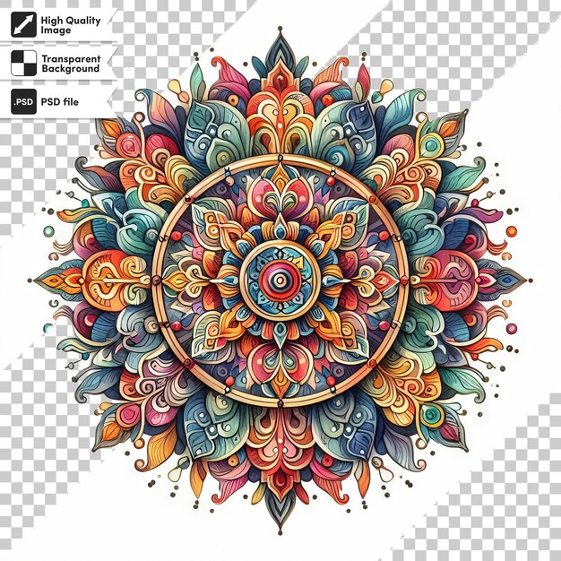 PSD um desenho colorido de uma mandala com um desenho que diz a palavra citação sobre ele