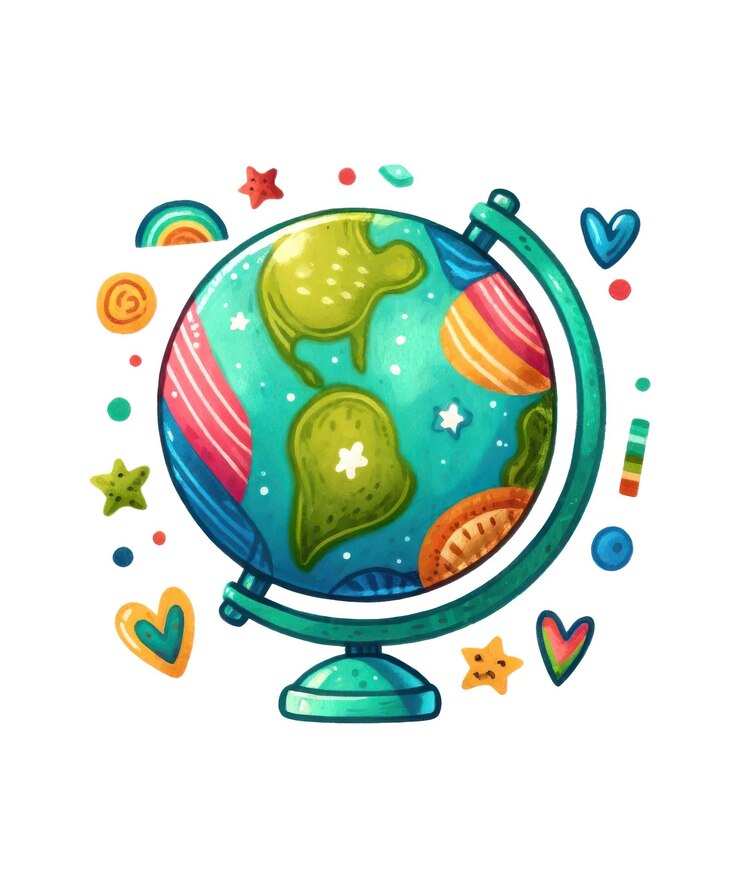 PSD um desenho de desenho animado de um globo com as palavras "planetas" e a palavra "amor" citadas nele