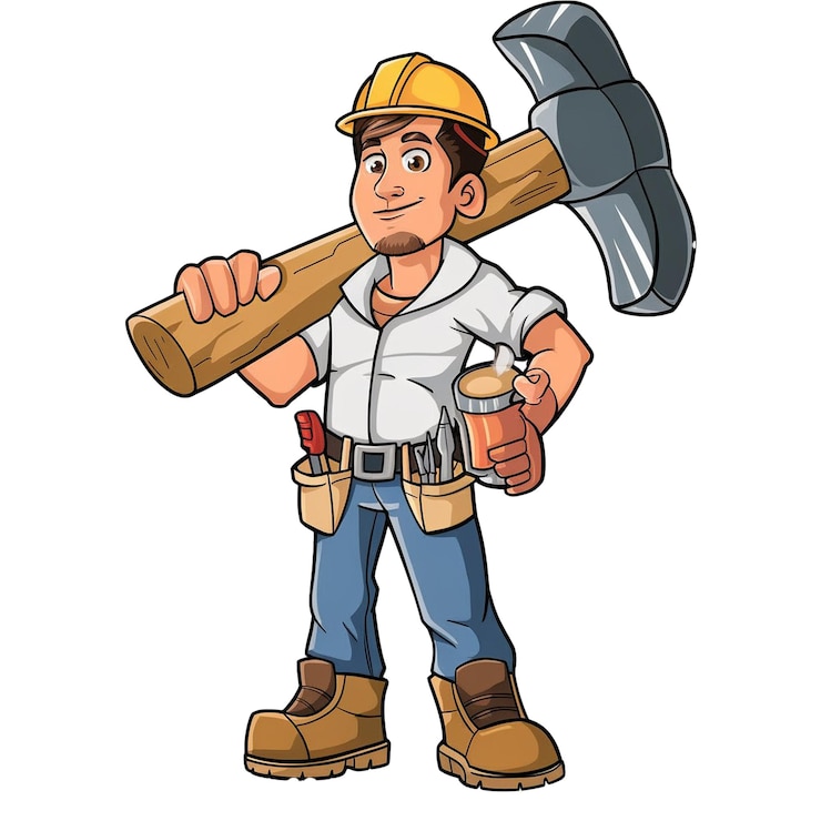 PSD um desenho de desenho animado de um homem segurando um machado com um martelo na mão