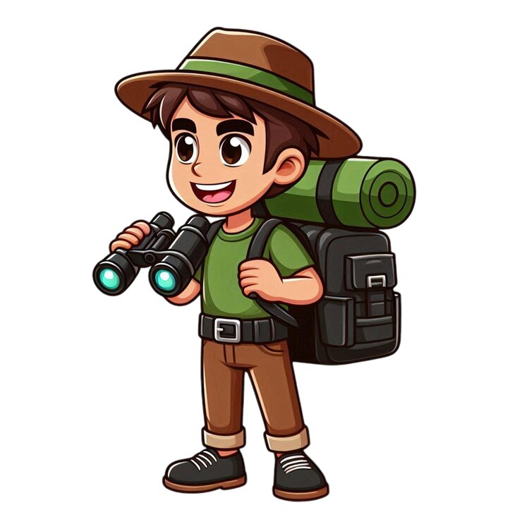 PSD um desenho de desenho animado de um menino carregando uma mochila com uma câmera e uma câmera na mão