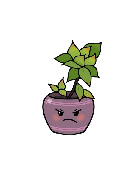 um desenho de desenho animado de uma planta suculenta de cacto com uma flor rosa em que tem um rosto triste