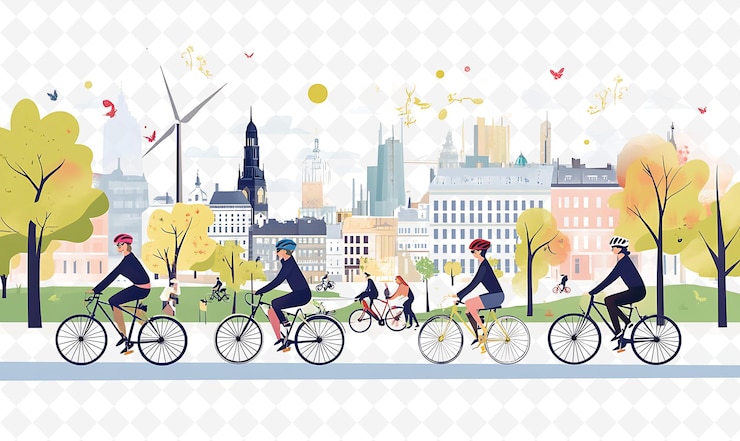 PSD um desenho de pessoas andando de bicicleta com uma turbina eólica ao fundo