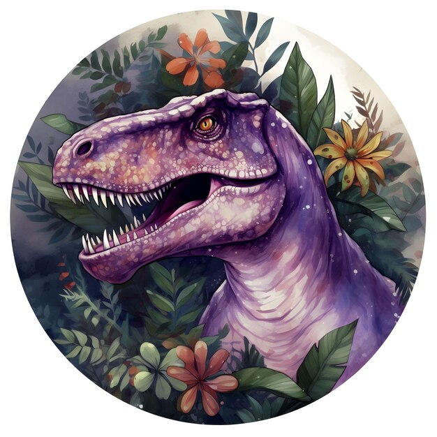 Um desenho de rex na selva com folhas e flores