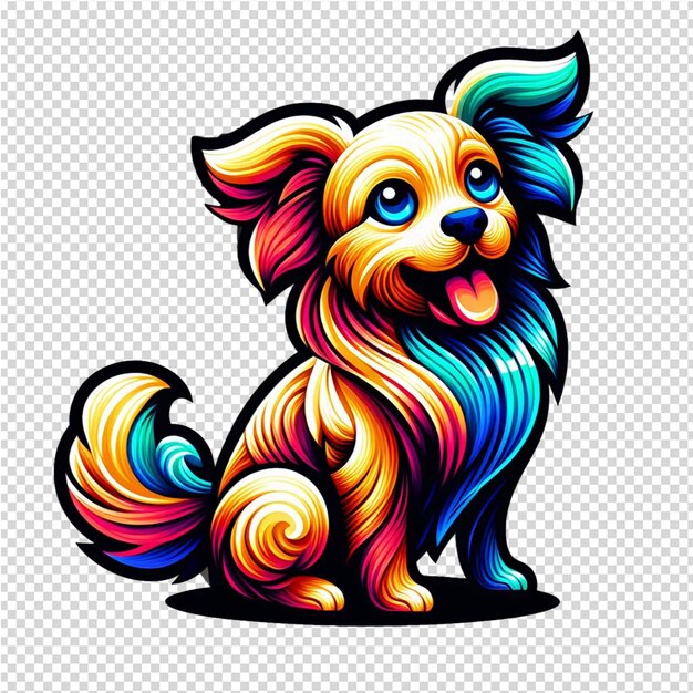 Um desenho de um cão com cores de arco-íris em seu rosto