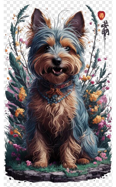 PSD um desenho de um cão com flores e plantas