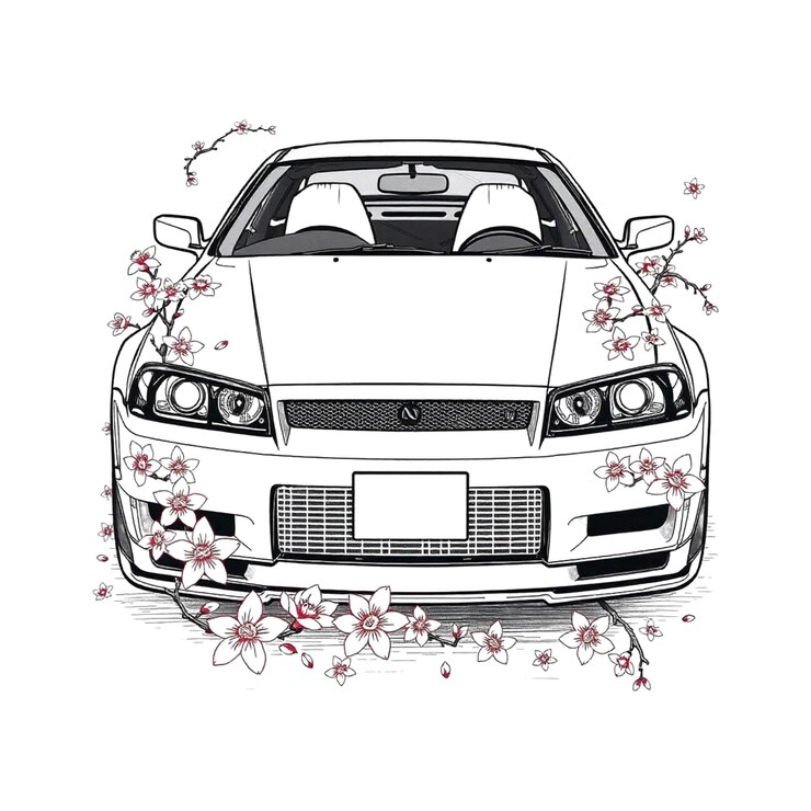 PSD um desenho de um carro branco com flores na frente e a placa de matrícula diz bmw