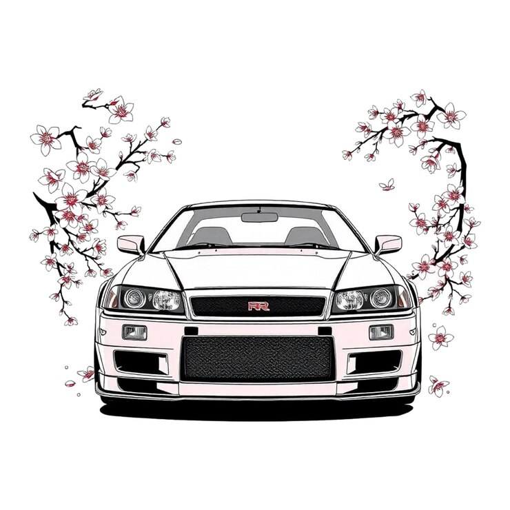 PSD um desenho de um carro branco com flores na frente e a placa de matrícula diz bmw