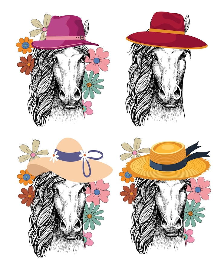 PSD um desenho de um cavalo usando um chapéu com flores estilo groovy