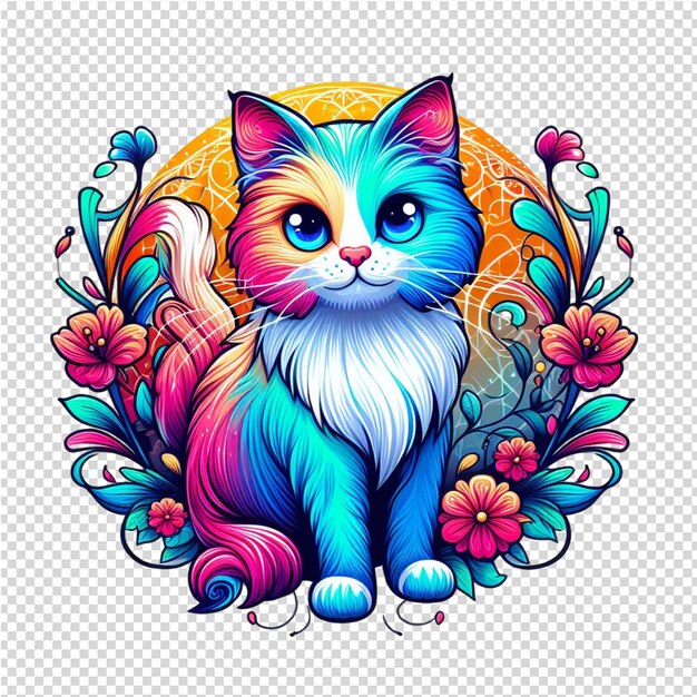 PSD um desenho de um gato com flores e um quadro redondo com um gato colorido no topo