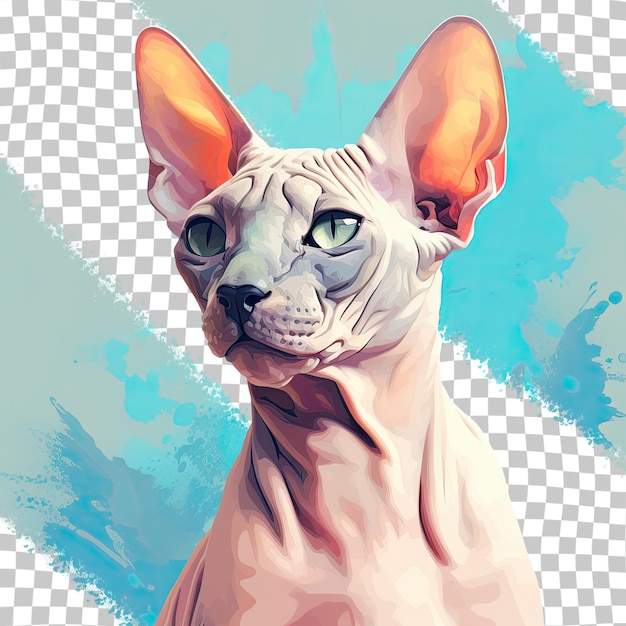 Um desenho de um gato com olhos verdes e fundo azul.