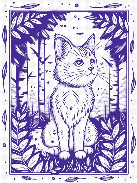 PSD um desenho de um gato em uma floresta com um fundo roxo com um gato branco nele