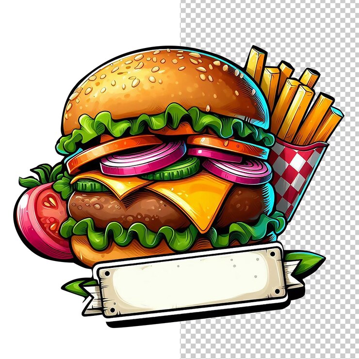 PSD um desenho de um hambúrguer com um prato em branco