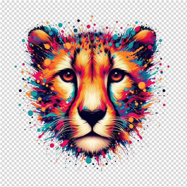 PSD um desenho de um leão com manchas coloridas e um fundo multicolorido