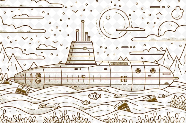 Um desenho de um submarino no oceano com uma lua no fundo