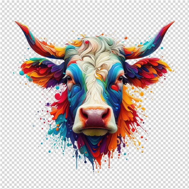 Um desenho de um touro com manchas coloridas e um fundo multicolorido
