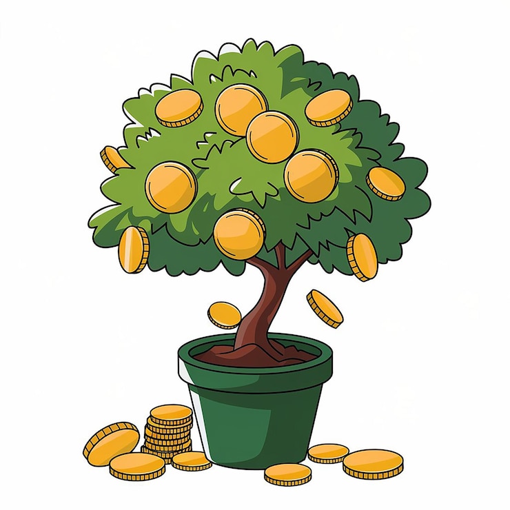 PSD um desenho de uma árvore com uma panela de moedas de ouro e uma árvore with a pot of gold coins