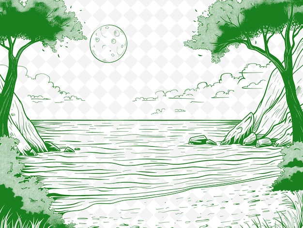 Um desenho de uma árvore e um lago com um fundo verde com uma lua branca e árvores