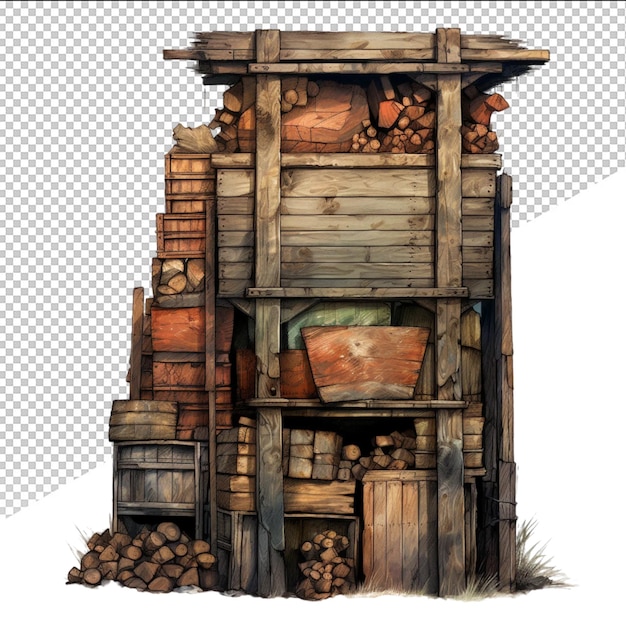 PSD um desenho de uma cabaneira de madeira com uma cabine de madeira no fundo