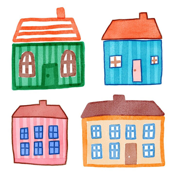 PSD um desenho de uma casa azul com um telhado vermelho e uma casa azul con uma casa azul no meio