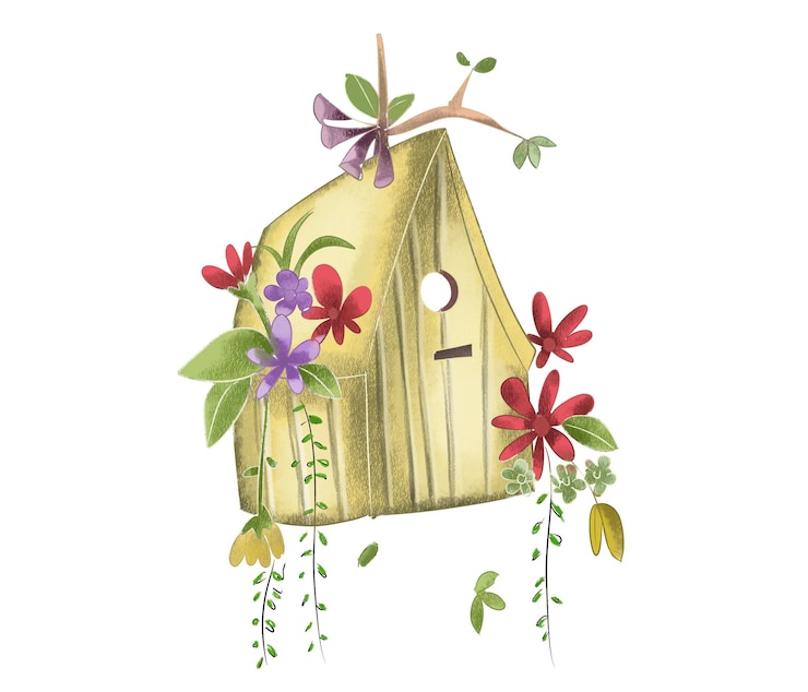 PSD um desenho de uma casa de pássaros com flores e uma casa de aves