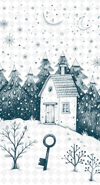PSD um desenho de uma casa na floresta com um floco de neve no topo