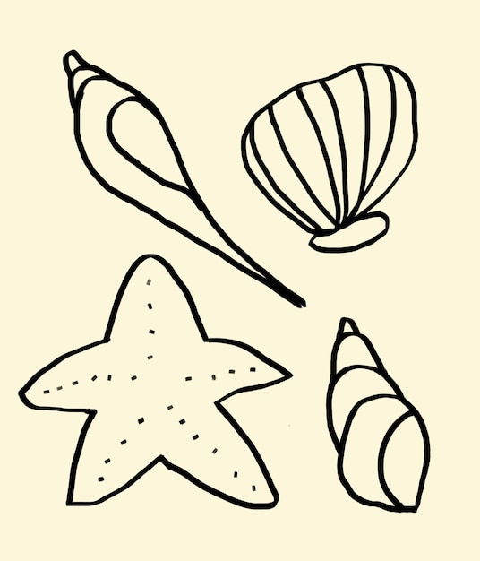 um desenho de uma estrela-do-mar e um marisco