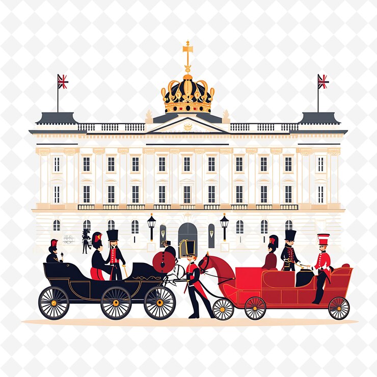 PSD um desenho de uma família real em uma carruagem com o palácio real ao fundo