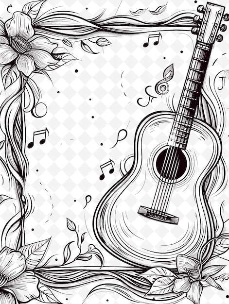 PSD um desenho de uma guitarra e flores com um fundo floral