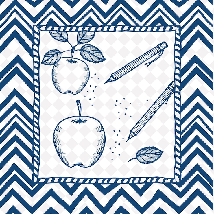 PSD um desenho de uma maçã e um lápis em um fundo azul e branco