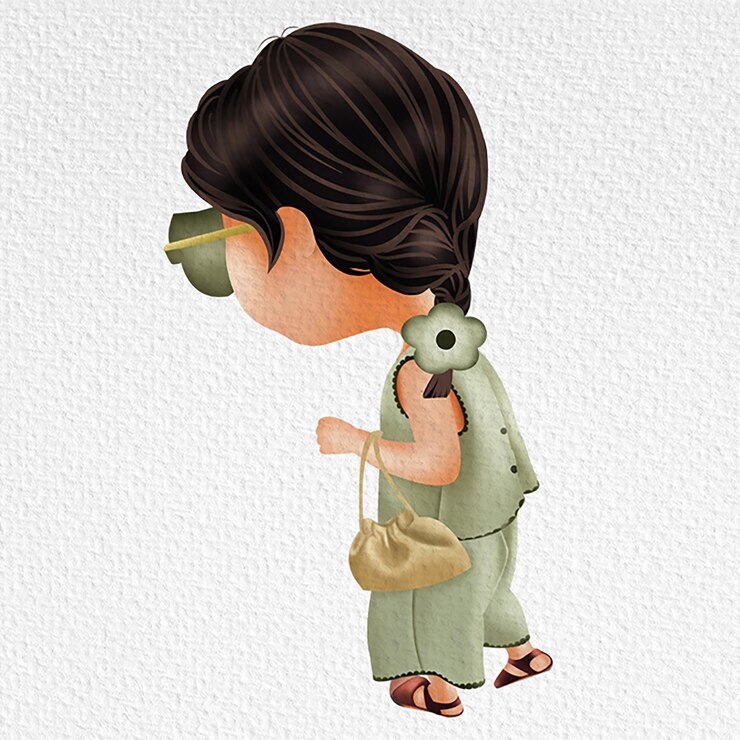 PSD um desenho de uma moda chibi de menina com um saco verde