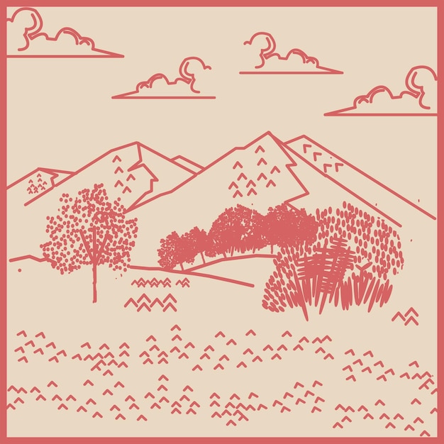 um desenho de uma montanha com árvores e montanhas ao fundo