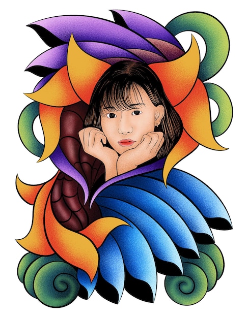 PSD um desenho de uma mulher com um chapéu colorido e um lenço colorido