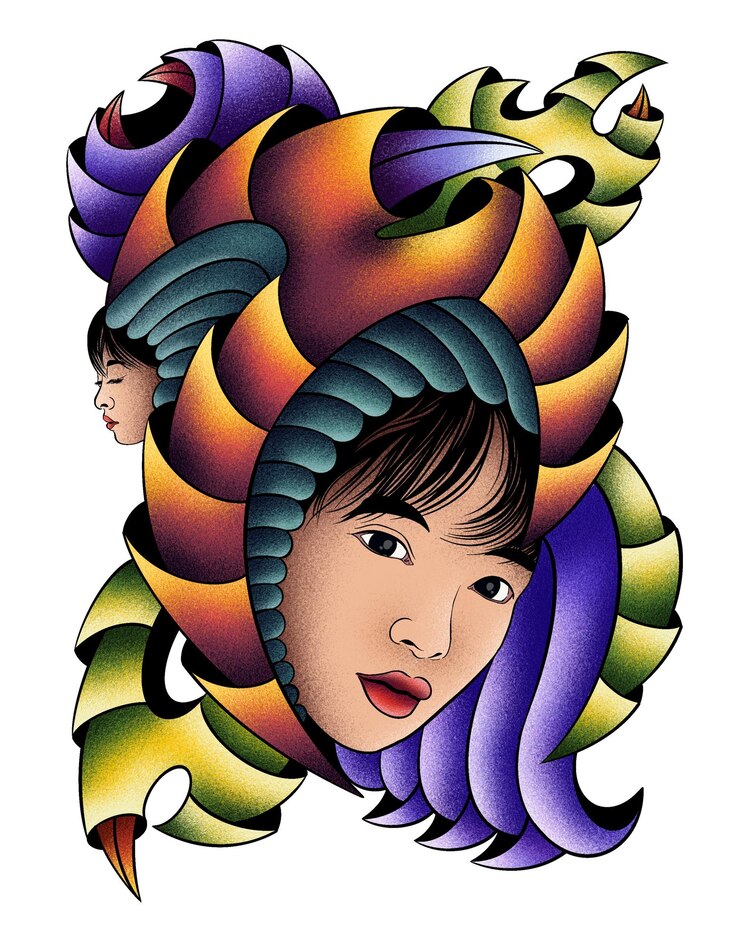 PSD um desenho de uma mulher com um rosto colorido e as palavras os olhos