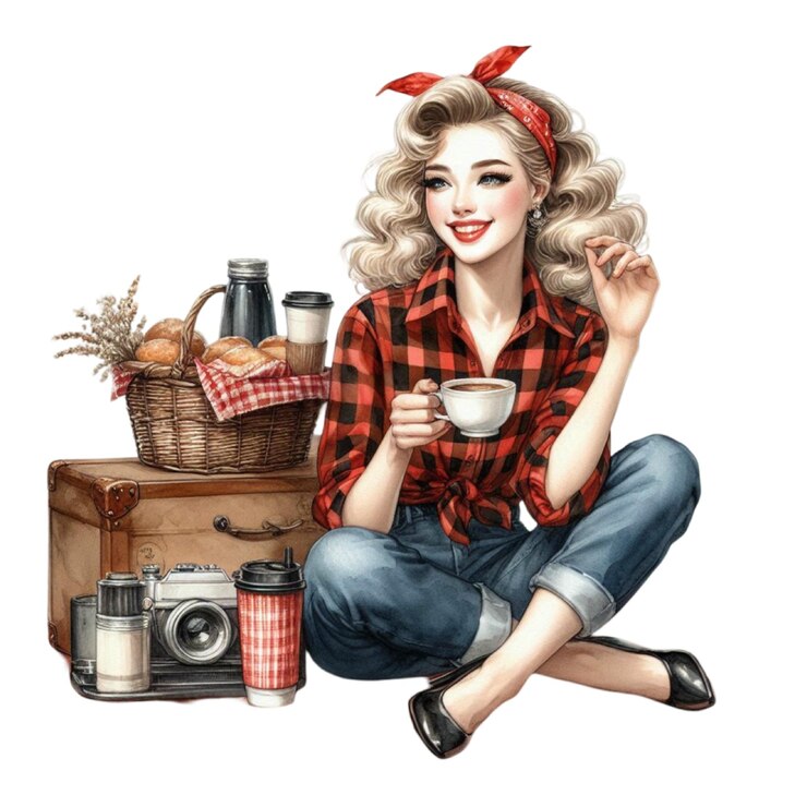 PSD um desenho de uma mulher com uma chávena de café e uma câmera