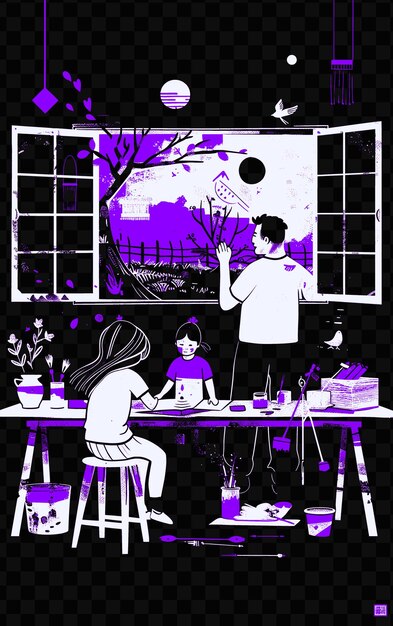 PSD um desenho em preto e branco de uma família em uma mesa com uma janela e um menino e uma menina sentados em uma tábua