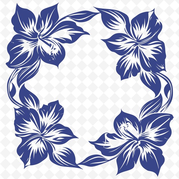 Um desenho floral azul e branco com a palavra hibisco