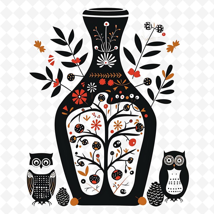 PSD um desenho preto e branco de um vaso com corujas e flores