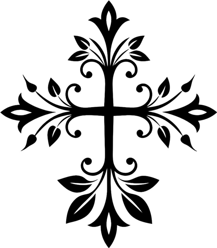 PSD um desenho preto e branco de uma cruz com um desenho floral