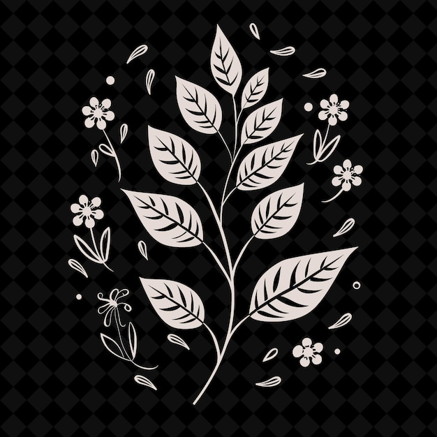 PSD um desenho preto e branco de uma planta com flores e um fundo preto