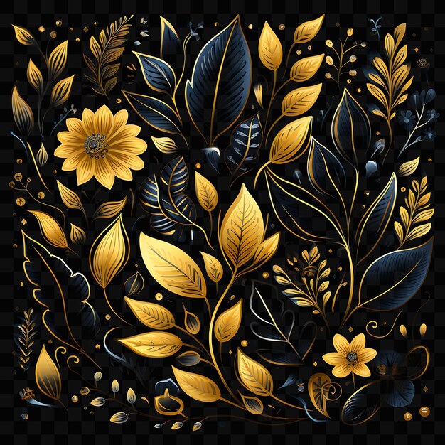 PSD um desenho preto e dourado de uma flor de ouro com folhas de ouro