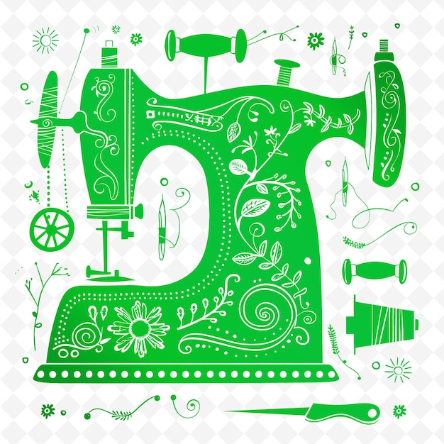 PSD um desenho verde e branco de uma máquina de costura com as palavras 
