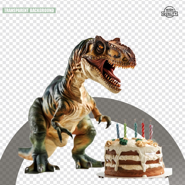 PSD um dinossauro com um bolo de aniversário e uma vela de aniversário no topo