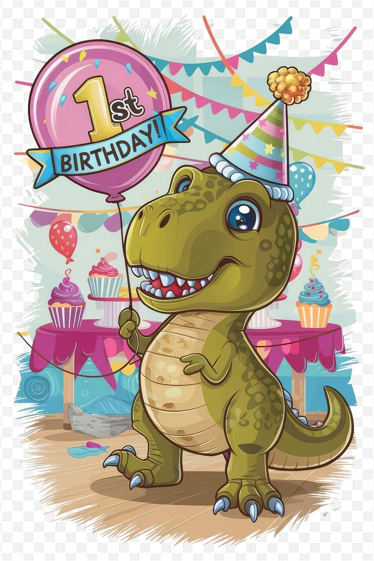PSD um dinossauro com um chapéu de aniversário.