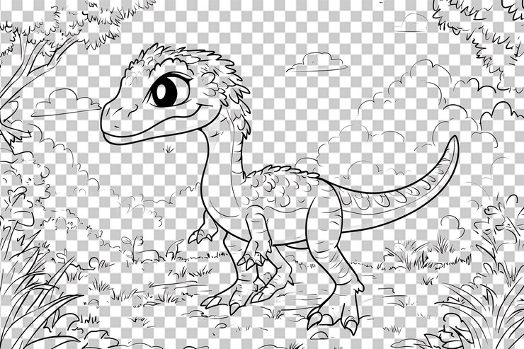 PSD um dinossauro de desenho animado adorável numa paisagem caprichosa