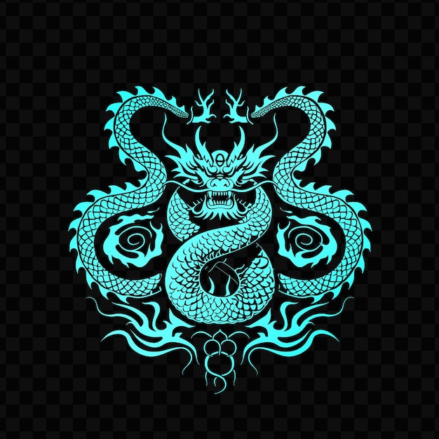PSD um dragão em fundo preto com um padrão azul e verde