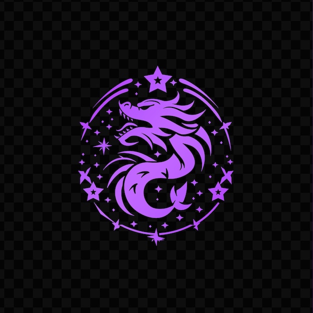 Um dragão roxo com a lua e estrelas em um fundo preto