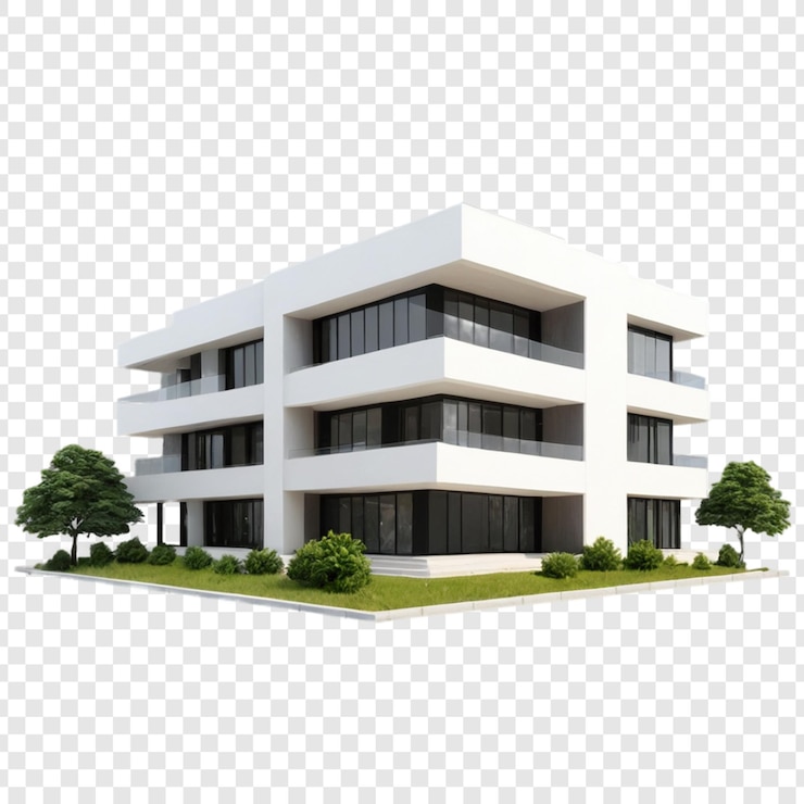 PSD um edifício branco com um telhado preto e árvores nele